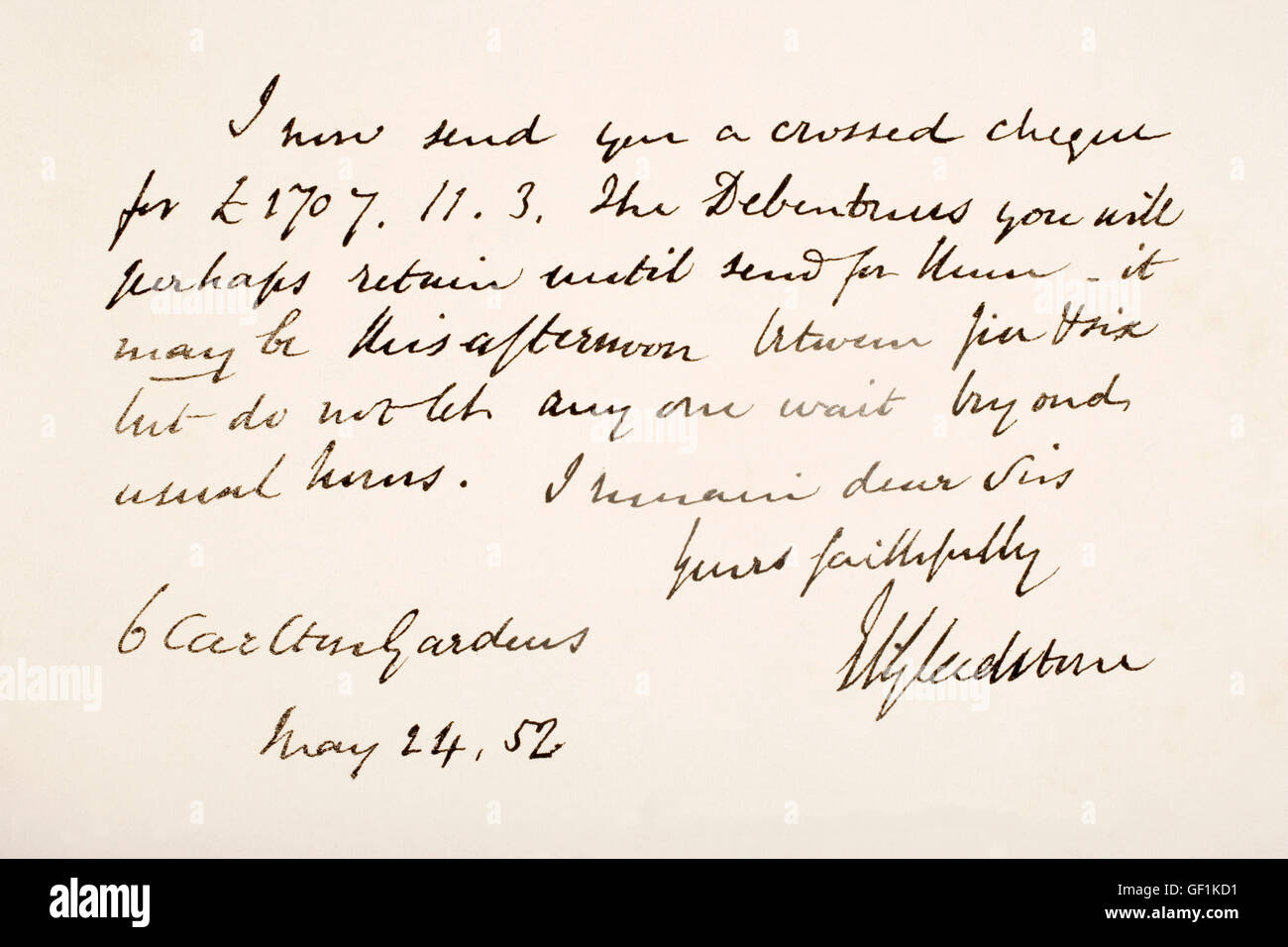 William Ewart Gladstone, 1809 - 1898. Homme d'État libéral britannique et premier ministre. Échantillon d'écriture à la main. Banque D'Images