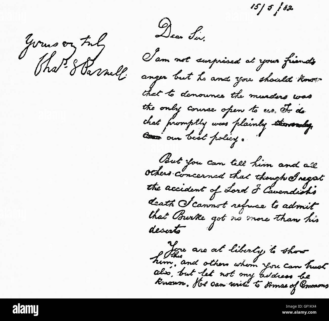 Lettre aurait été écrit par Charles Stewart Parnell et publié dans The Times le 18 avril 1887 dans laquelle Parnell fermé les soi-disant meurtre dans le Phoenix Park de Dublin, Secrétaire général adjoint de l'Irlande Thomas Henry Burke. À la Commission de Parnell 1888-1889 la lettre a été prouvé un faux. Banque D'Images