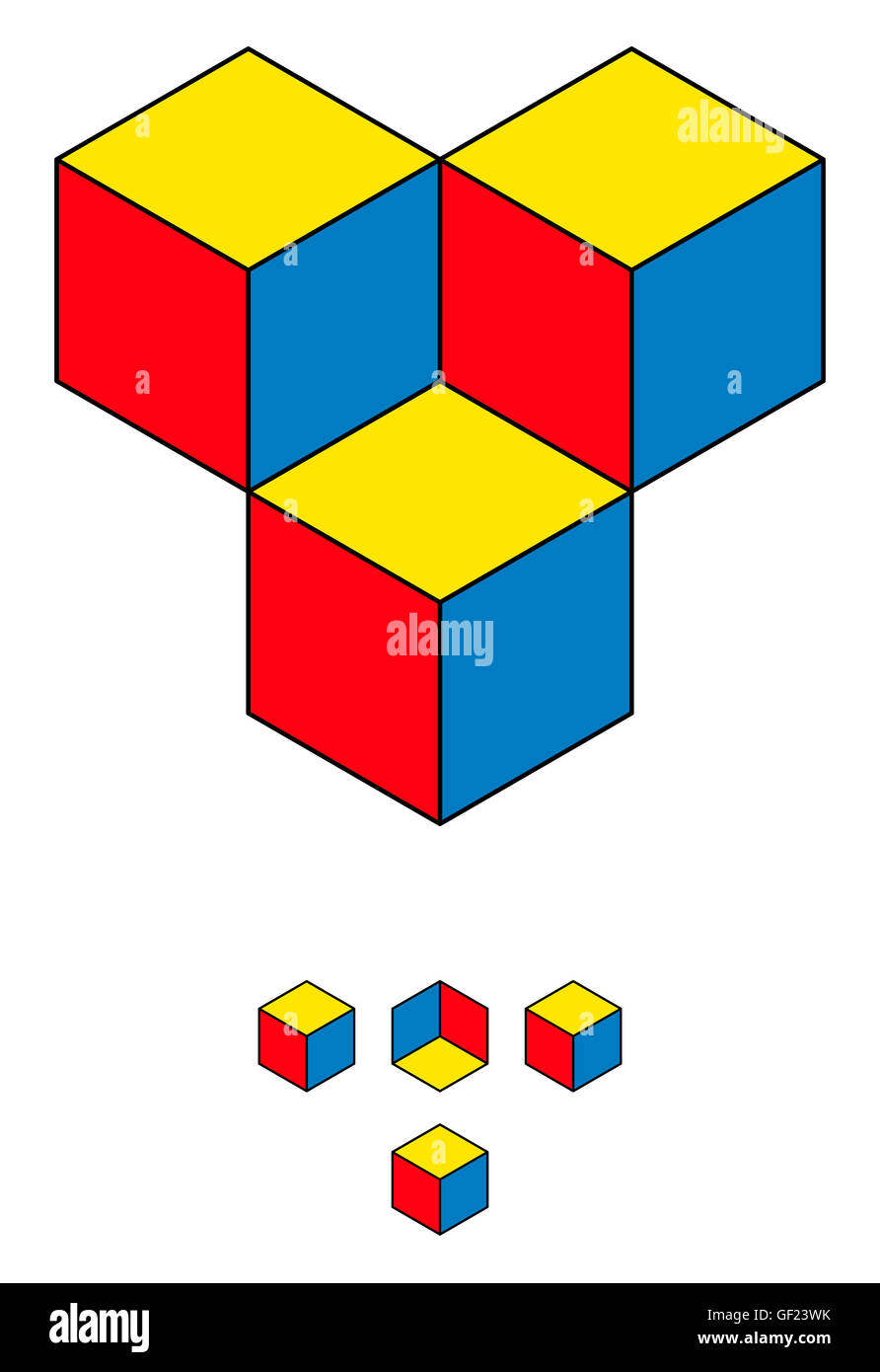 Retrouvez le quatrième cube ! Illusion optique avec trois cubes et le caché quatrième dans la moitié supérieure de l'image. Banque D'Images