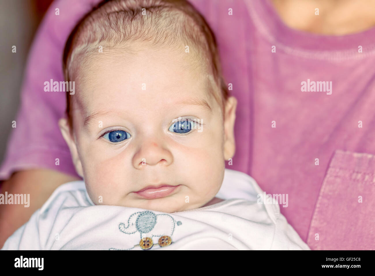 Portrait Of Cute 4 Mois Bebe Nouveau Ne Garcon Aux Yeux Bleus Puissants Bras Pere Couche Sur Photo Stock Alamy
