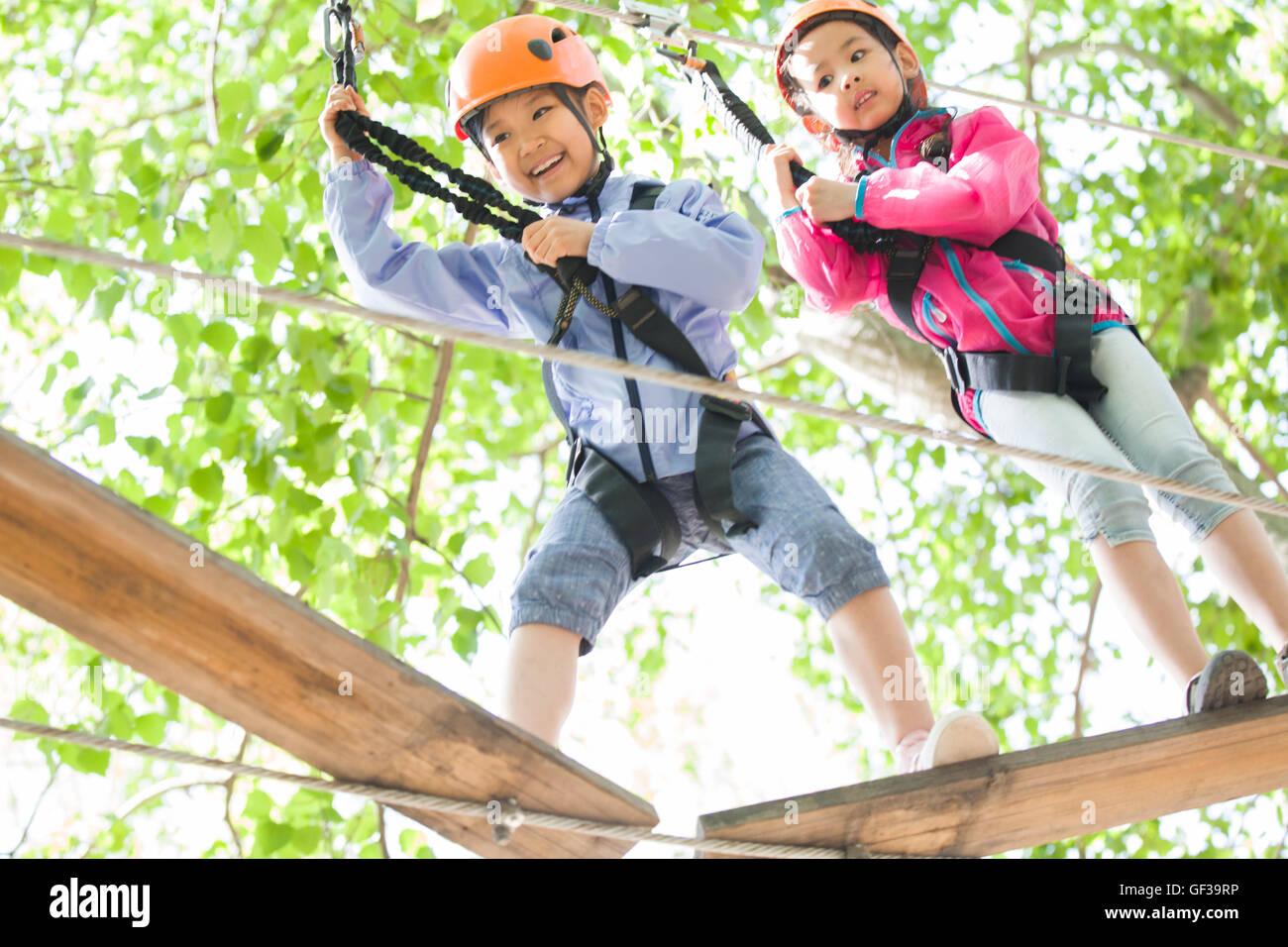 Happy Chinese Children playing in tree top adventure park Banque D'Images