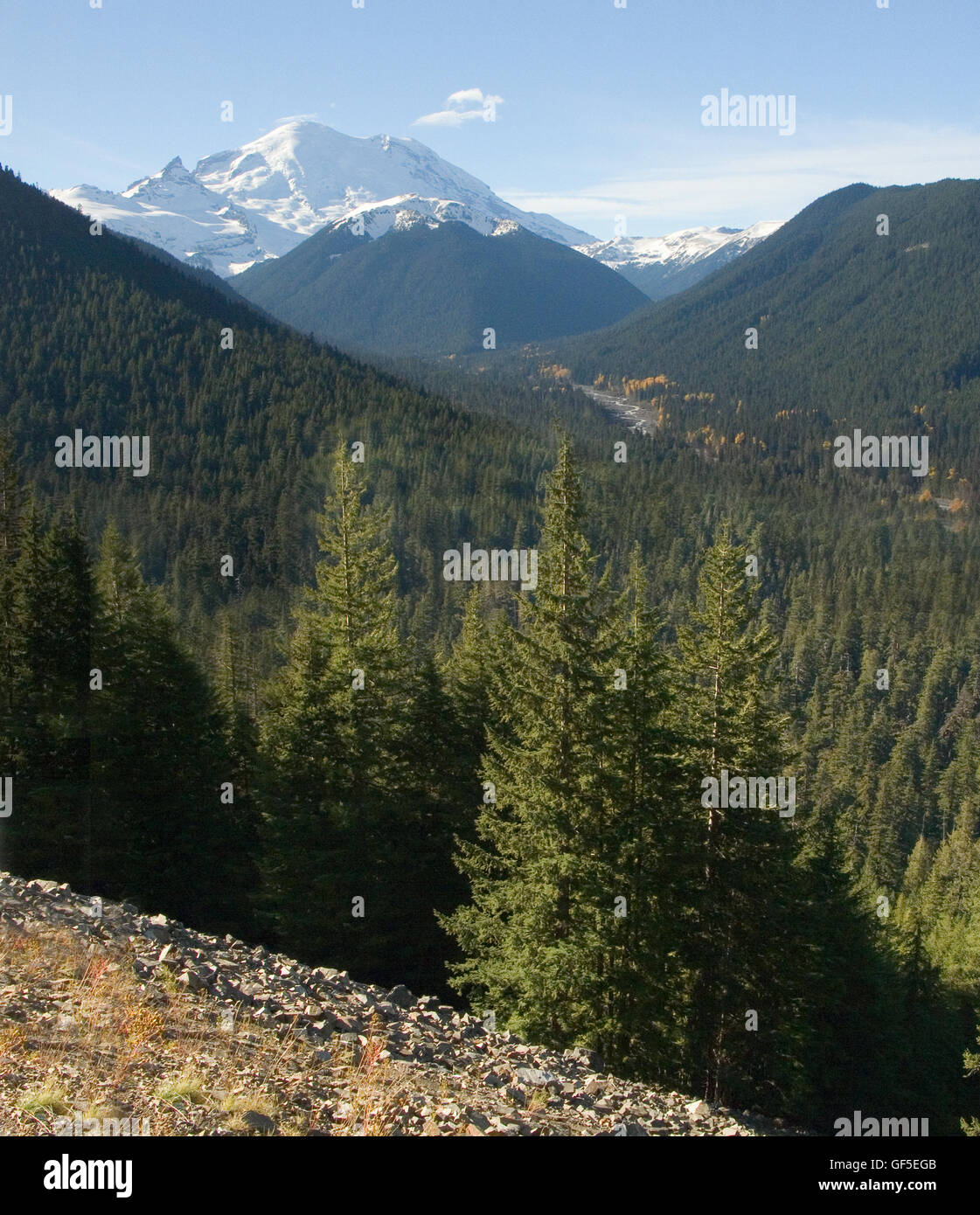 Vue d'une route du majestueux Mont Rainier, comme vu de Washington's Scenic 410, dans le Parc National du Mont Rainer. Banque D'Images