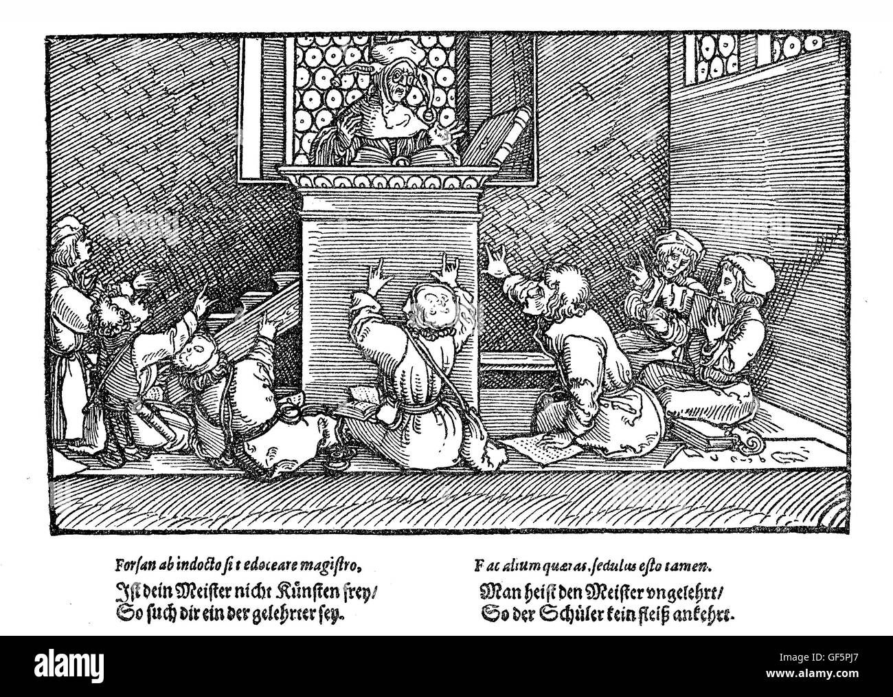 Une salle de classe de XVI siècle. Comme l'illustration est de 'chimpf und Ernst' (''histoires amusantes et sérieuses', par Johannes Pauli,1455-1533 ?), il y a encore de l'espoir qu'il s'agit d'une caricature plutôt qu'une présentation réaliste de l'enseignement scolaire en XVI siècle... Banque D'Images