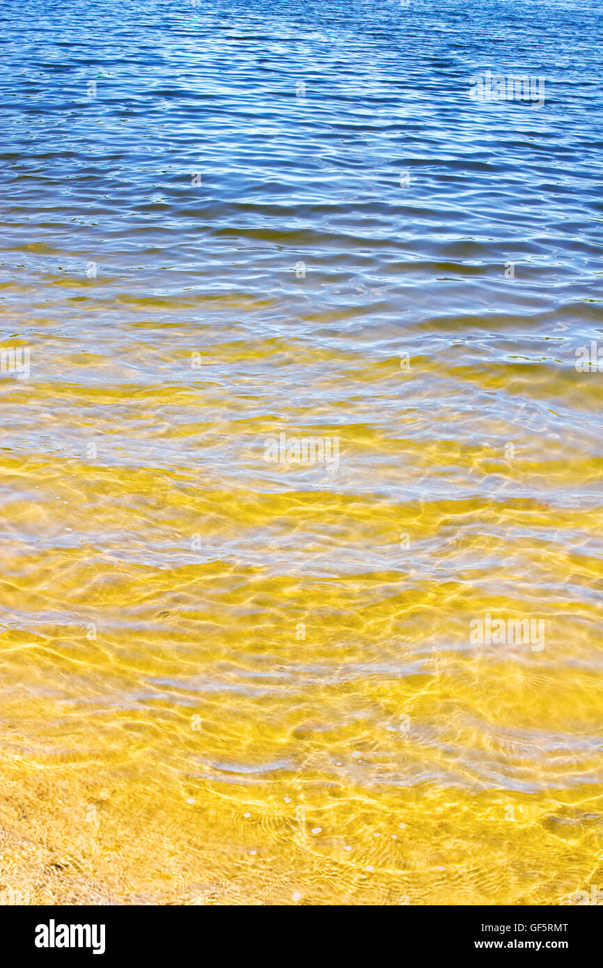 Ondulation de l'eau transparente, le fond de sable jaune et reflet de ciel bleu Banque D'Images