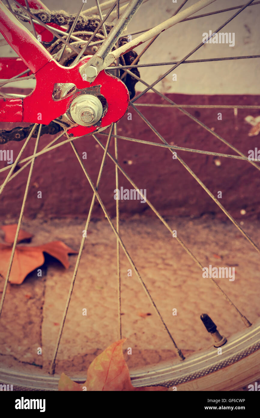 Détail de la roue de vélo rétro avec les feuilles d'automne. Vintage style. Vertical image. Banque D'Images