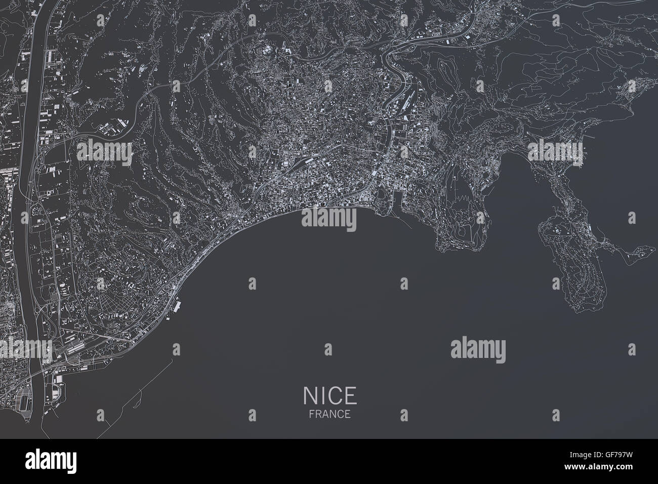 Carte de Nice, la vue satellite, France. Le rendu 3D Banque D'Images