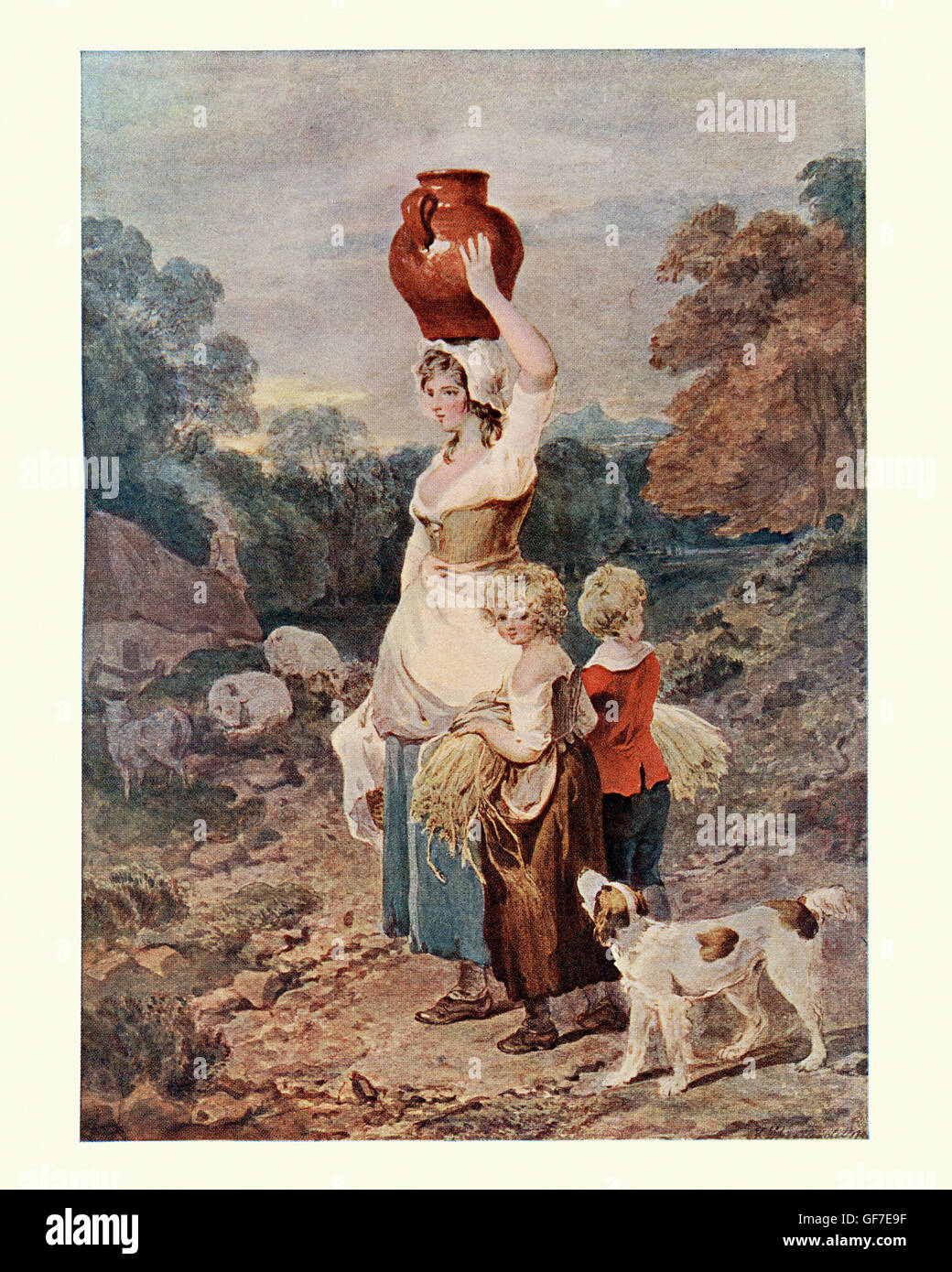 Les Glaneurs, après l'aquarelle de Francis Wheatley painter. Le glanage est l'acte de collecter les restes de cultures des champs des agriculteurs. 18e siècle Banque D'Images