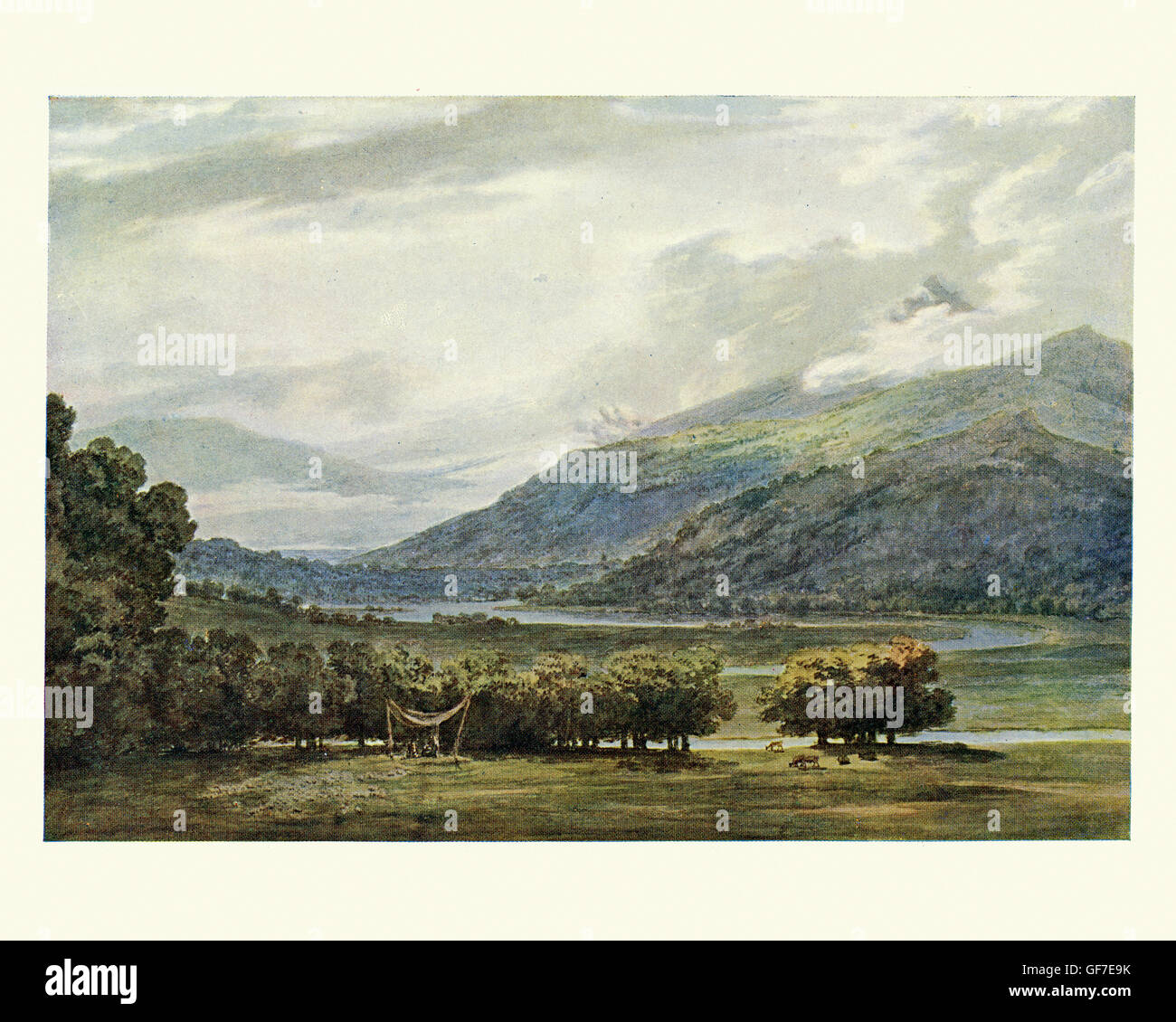 Un paysage suisse, après l'aquarelle de John Robert Cozens un dessinateur et peintre de paysages à l'aquarelle romantique. 18e siècle Banque D'Images