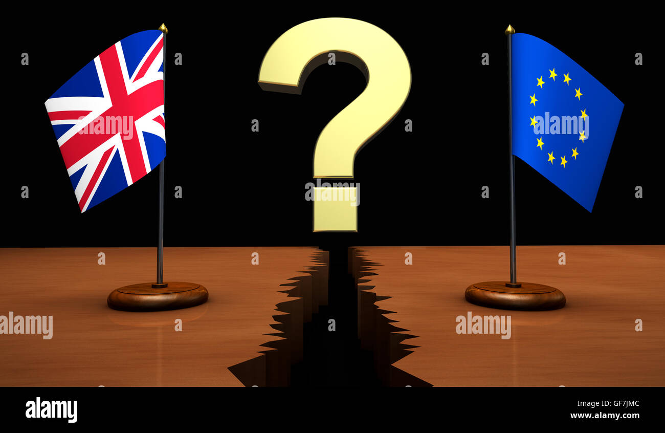 Brexit questions sur les conséquences concept avec Union Jack drapeau de l'UE et séparés par un point d'interrogation. Banque D'Images