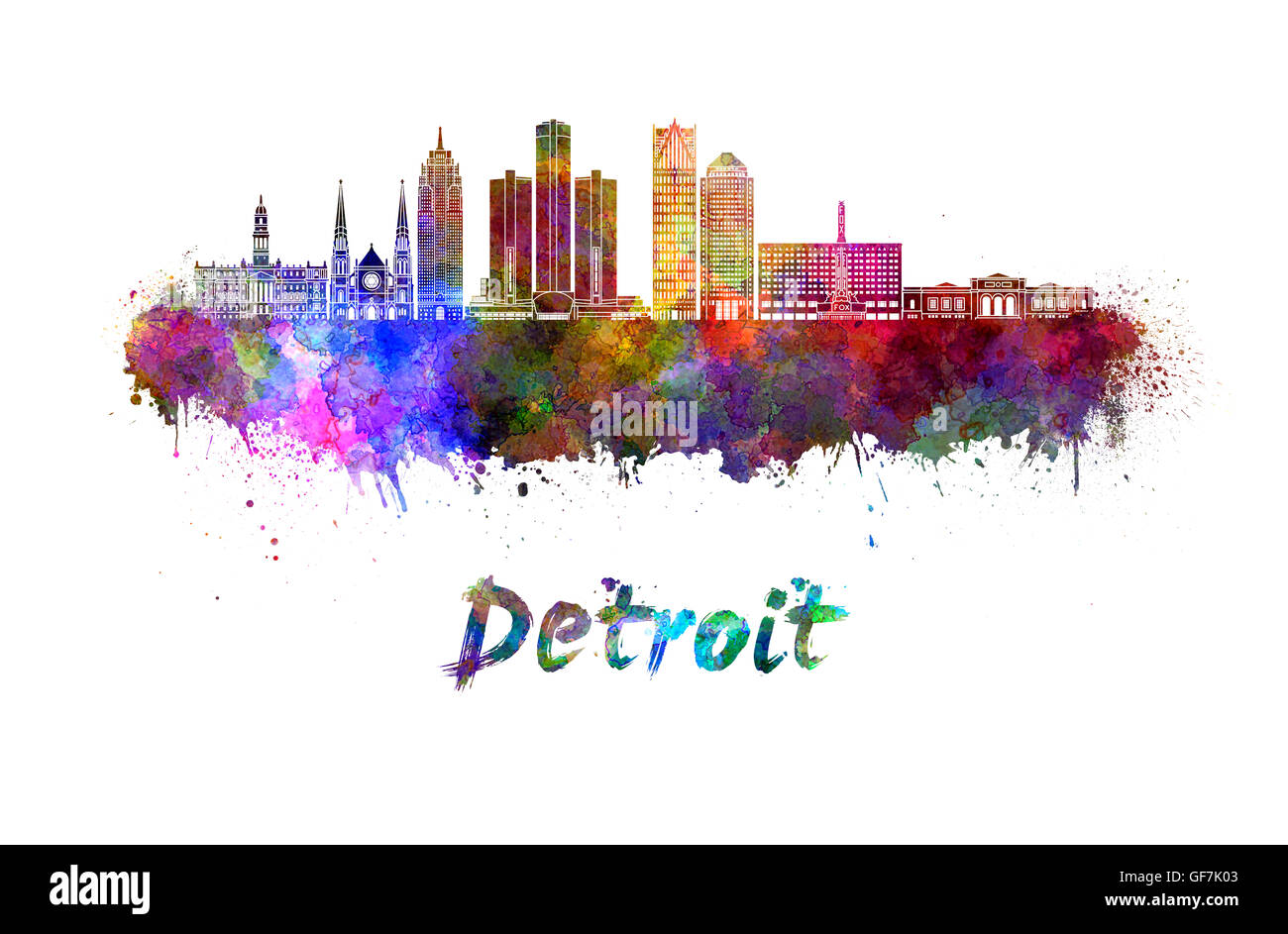 Toits de Detroit à l'aquarelle des éclaboussures avec clipping path Banque D'Images