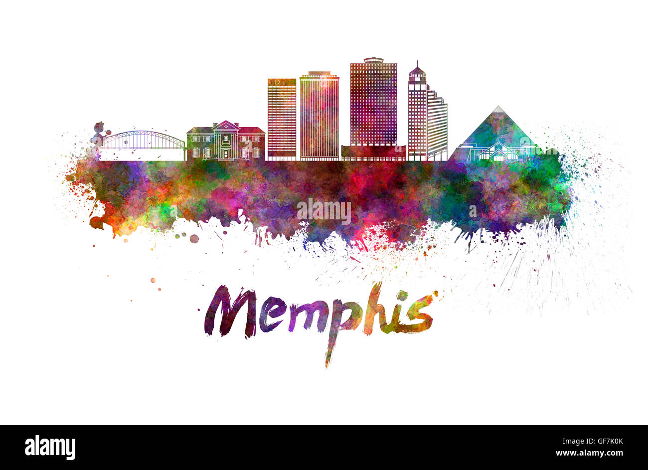 Memphis skyline à l'aquarelle des éclaboussures avec clipping path Banque D'Images