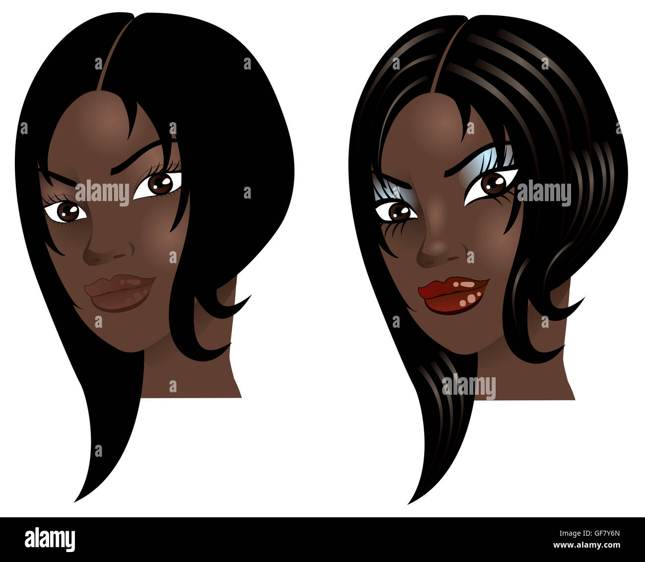 Vector Illustration d'une femme avec peu ou pas de maquillage, coiffage naturel avant et après. Banque D'Images