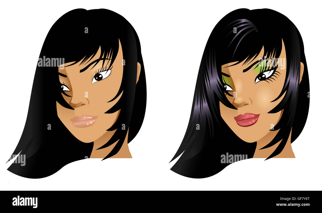Vector Illustration d'une femme avec peu ou pas de maquillage, coiffage naturel avant et après. Banque D'Images
