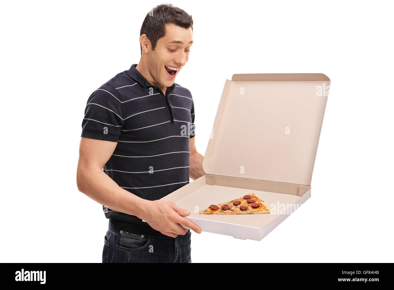 Ravi guy regardant une tranche de pizza pizza dans un fort isolé sur fond blanc Banque D'Images