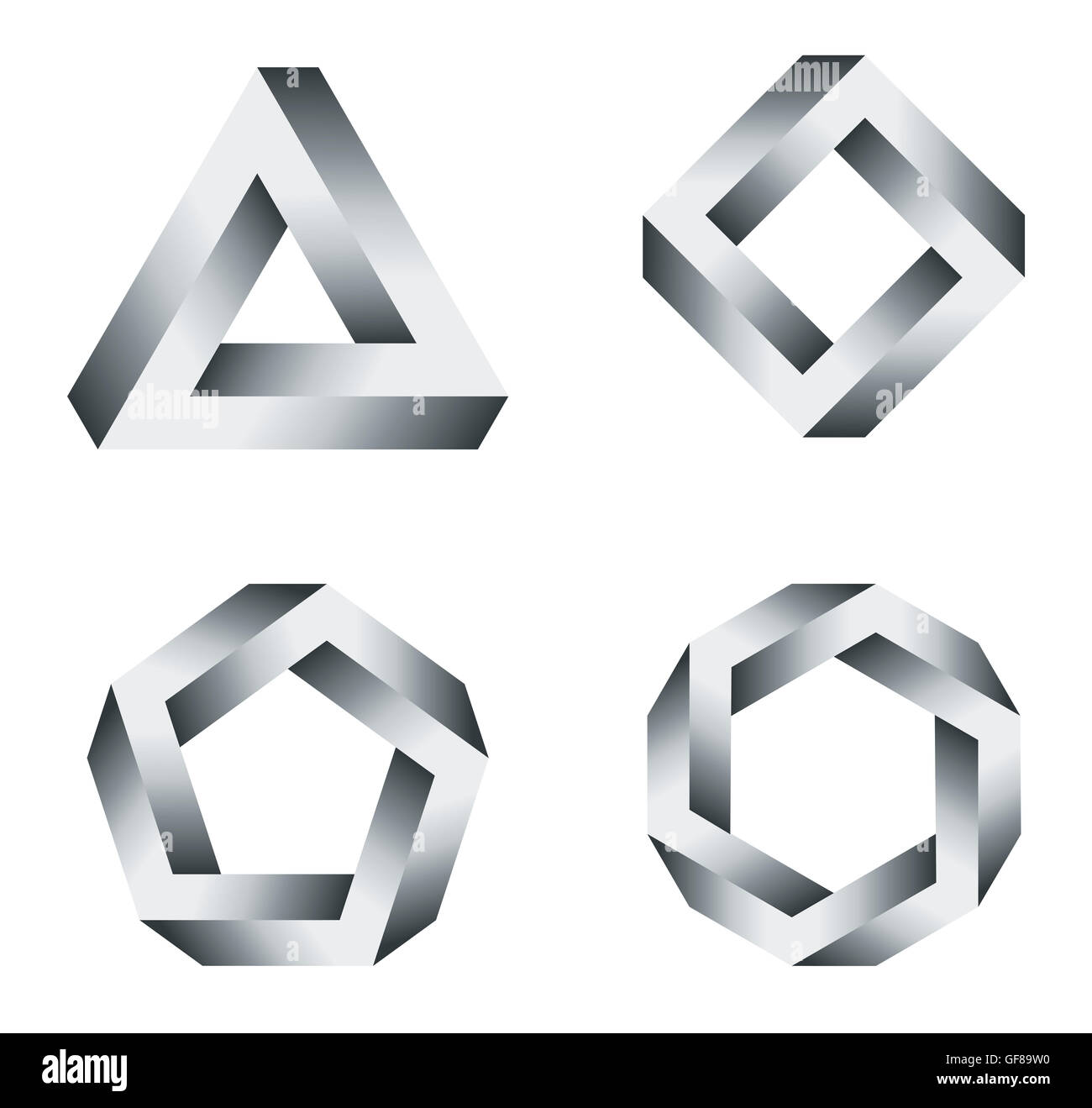 Triangle de Penrose et les polygones avec des dégradés noir et blanc. Penrose tribar, un objet impossible, semble être un objet solide Banque D'Images