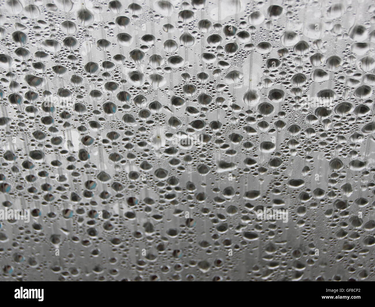 La condensation de l'humidité de l'eau dans le cadre de toit en plastique rayé dans une petite piscine extérieure. Froid dehors - mais à l'intérieur chaleureux. Banque D'Images