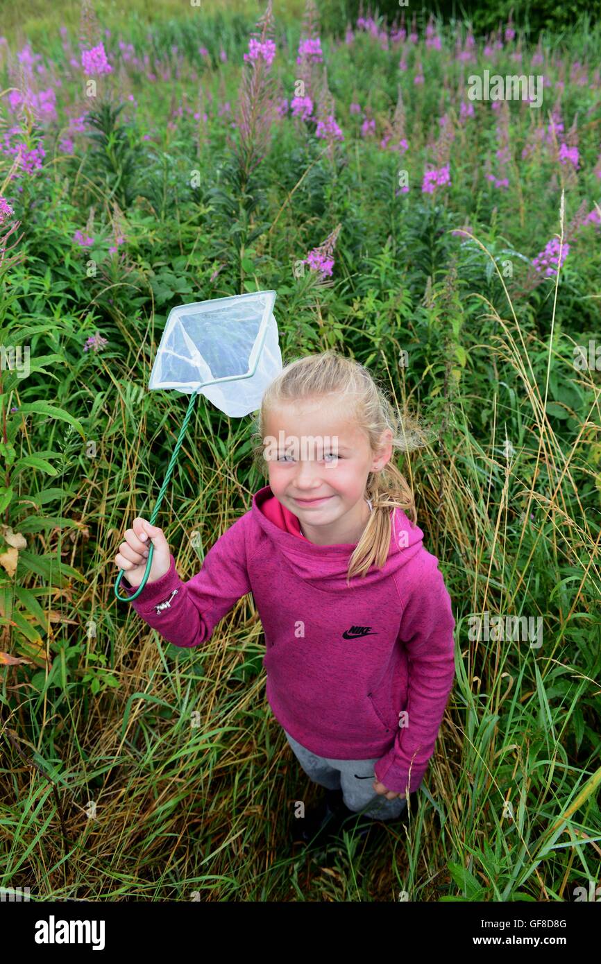 Une petite fille à la recherche de bugs avec un filet. Banque D'Images