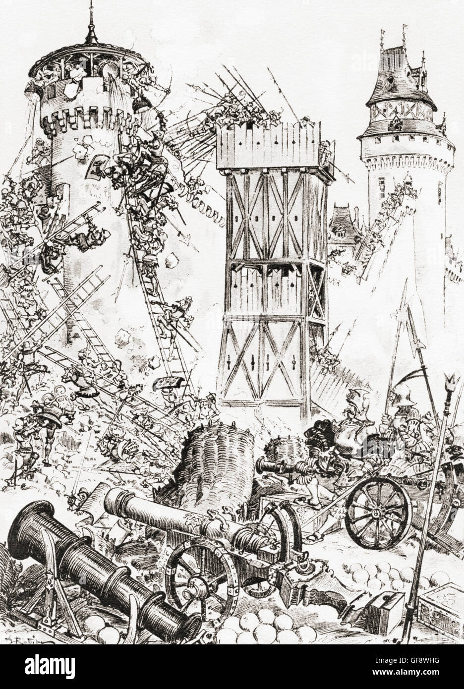 Assaut de la Roche Clermaud ou d'agression de la Roche-Clermaud. Après l'illustration par Albert Robida de Gargantua et Pantagruel de François Rabelais. Banque D'Images