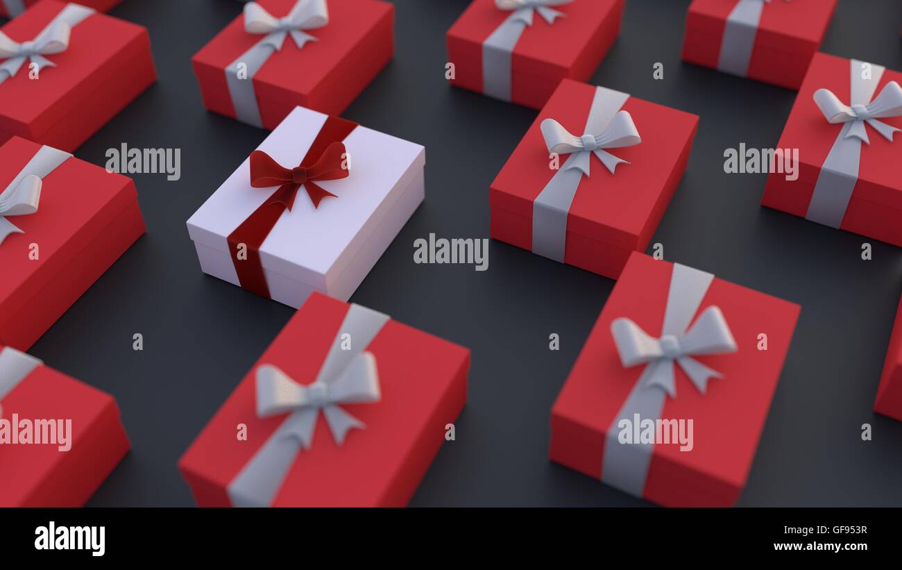 Boîte cadeau blanche avec arc rouge entouré de cadeaux rouge avec rubans gris. cadeau spécial Concours Prix Banque D'Images