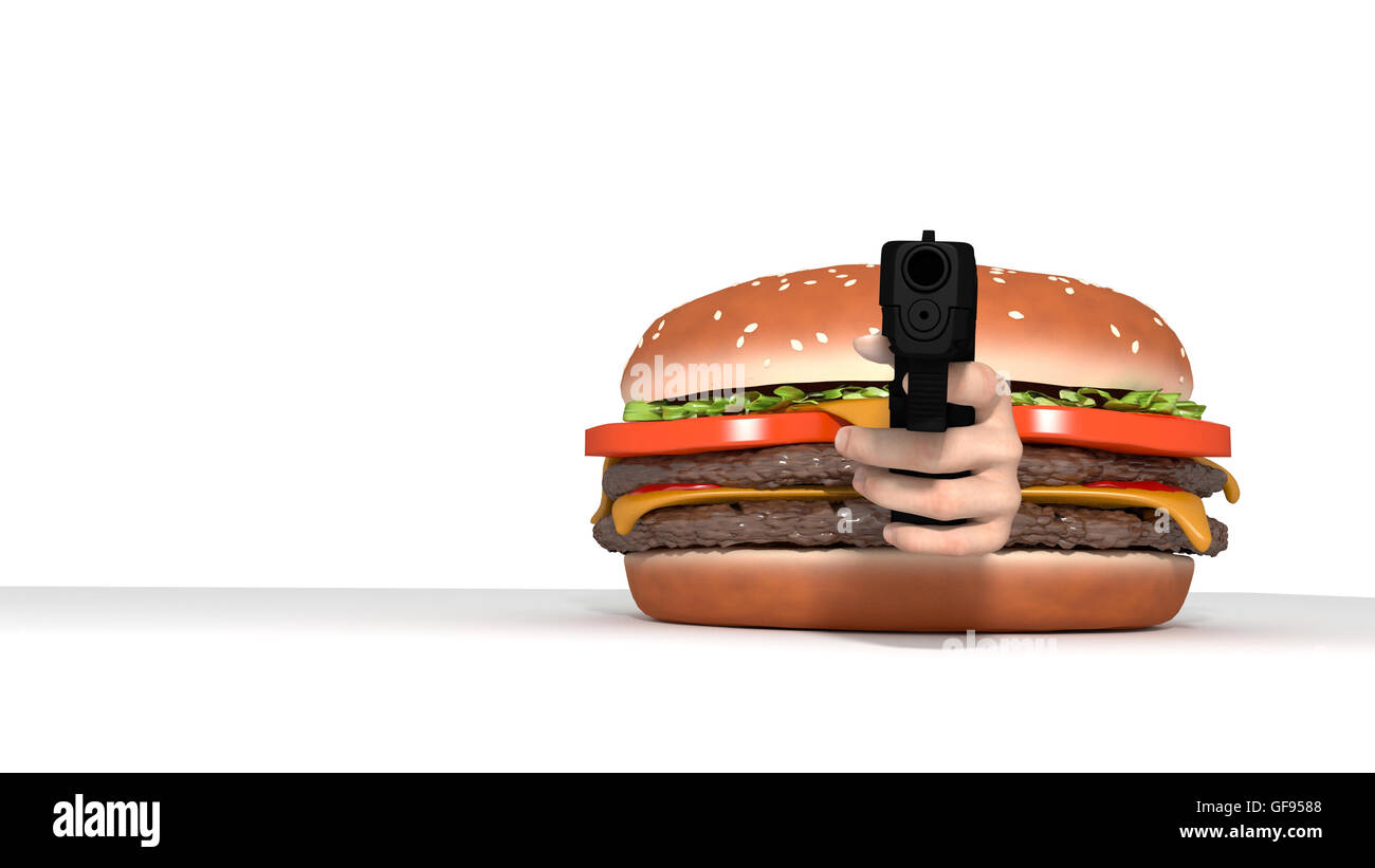 Burger avec arme pointé au viewer Banque D'Images