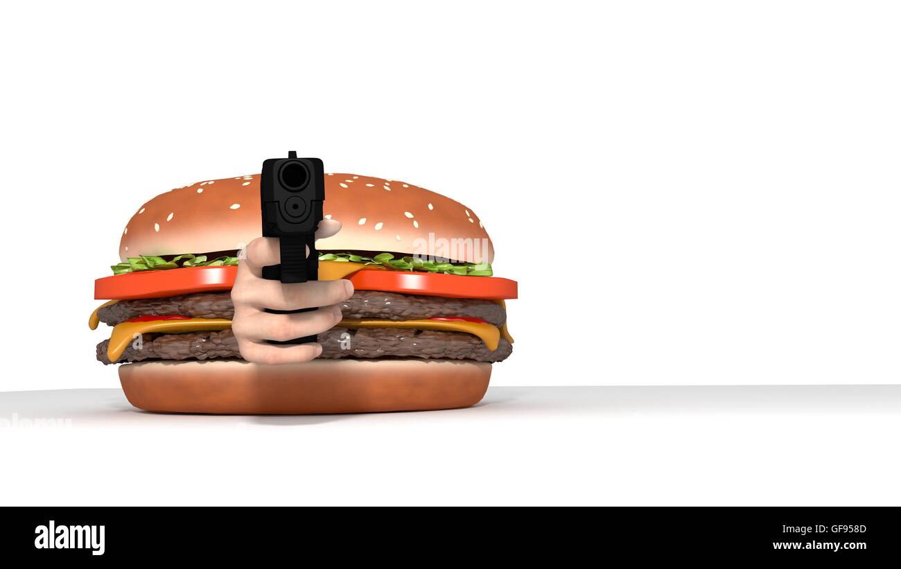 Burger avec arme pointé au viewer Banque D'Images