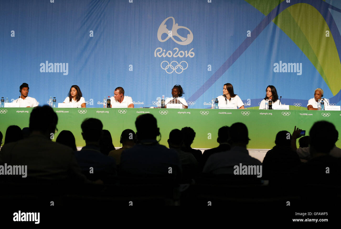 Rio de Janeiro. 30 juillet, 2016. Image prise le 30 juillet 2016 montre d'une conférence de presse de l'équipe olympique de réfugiés au Centre Principal de Presse (CPP) des Jeux Olympiques de Rio à Rio de Janeiro, Brésil. © Zhang Chen/Xinhua/Alamy Live News Banque D'Images