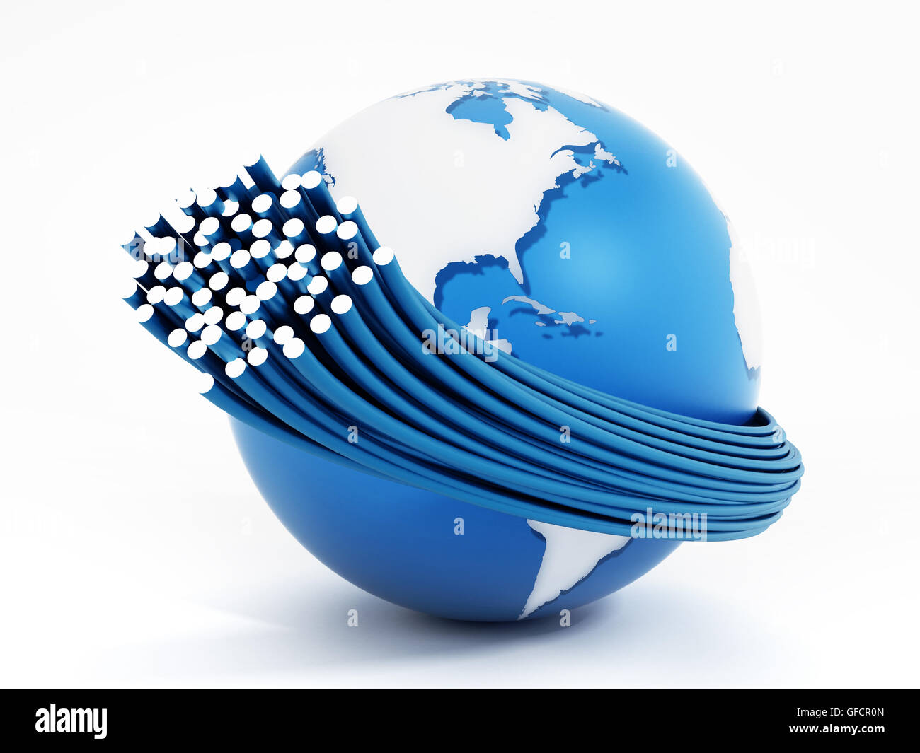 Les câbles à fibres optiques dans le monde isolé sur fond blanc. 3D illustration. Banque D'Images