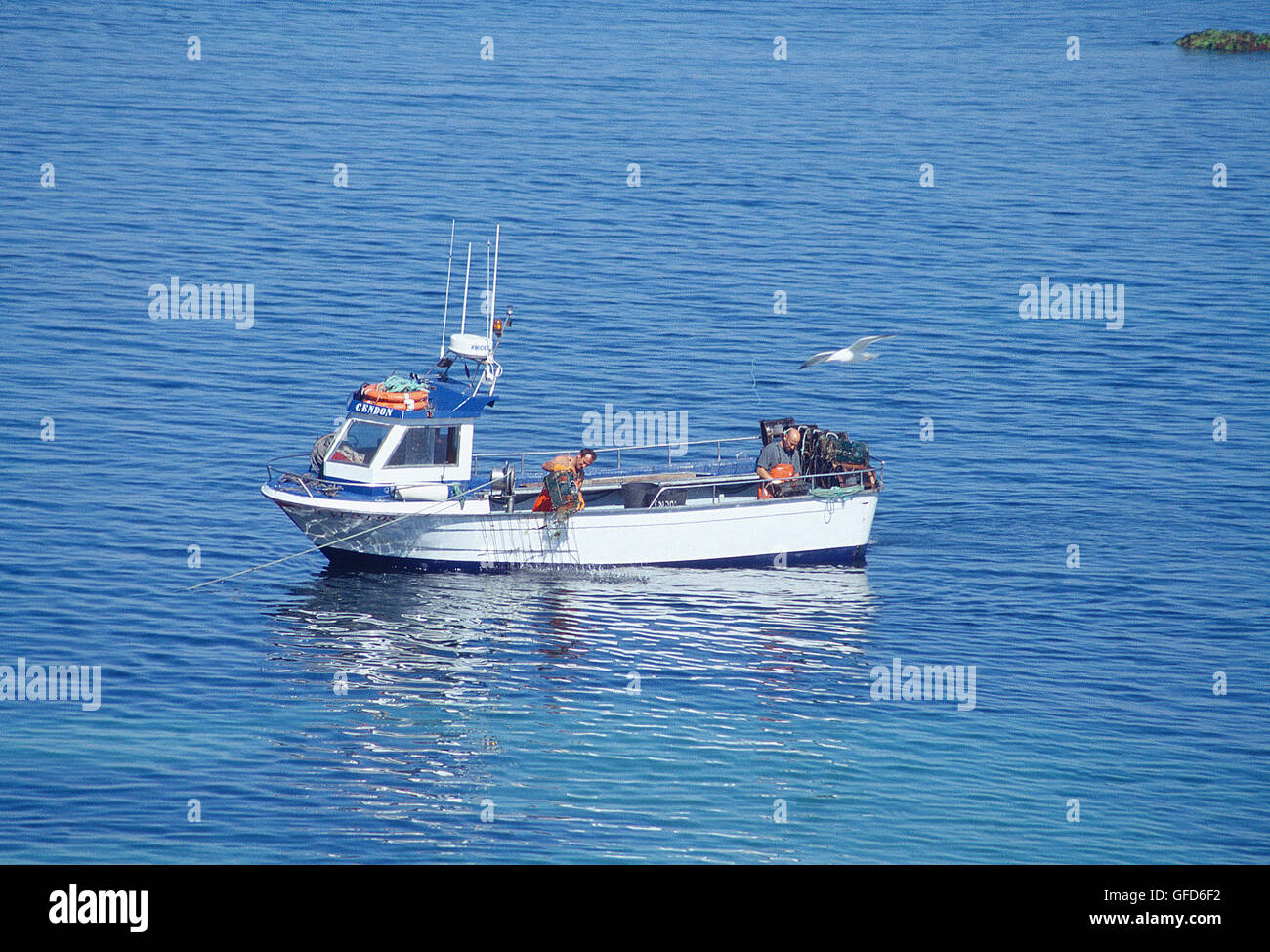 Les pêcheurs au travail. El Grove, province de Pontevedra, Galice, Espagne. Banque D'Images