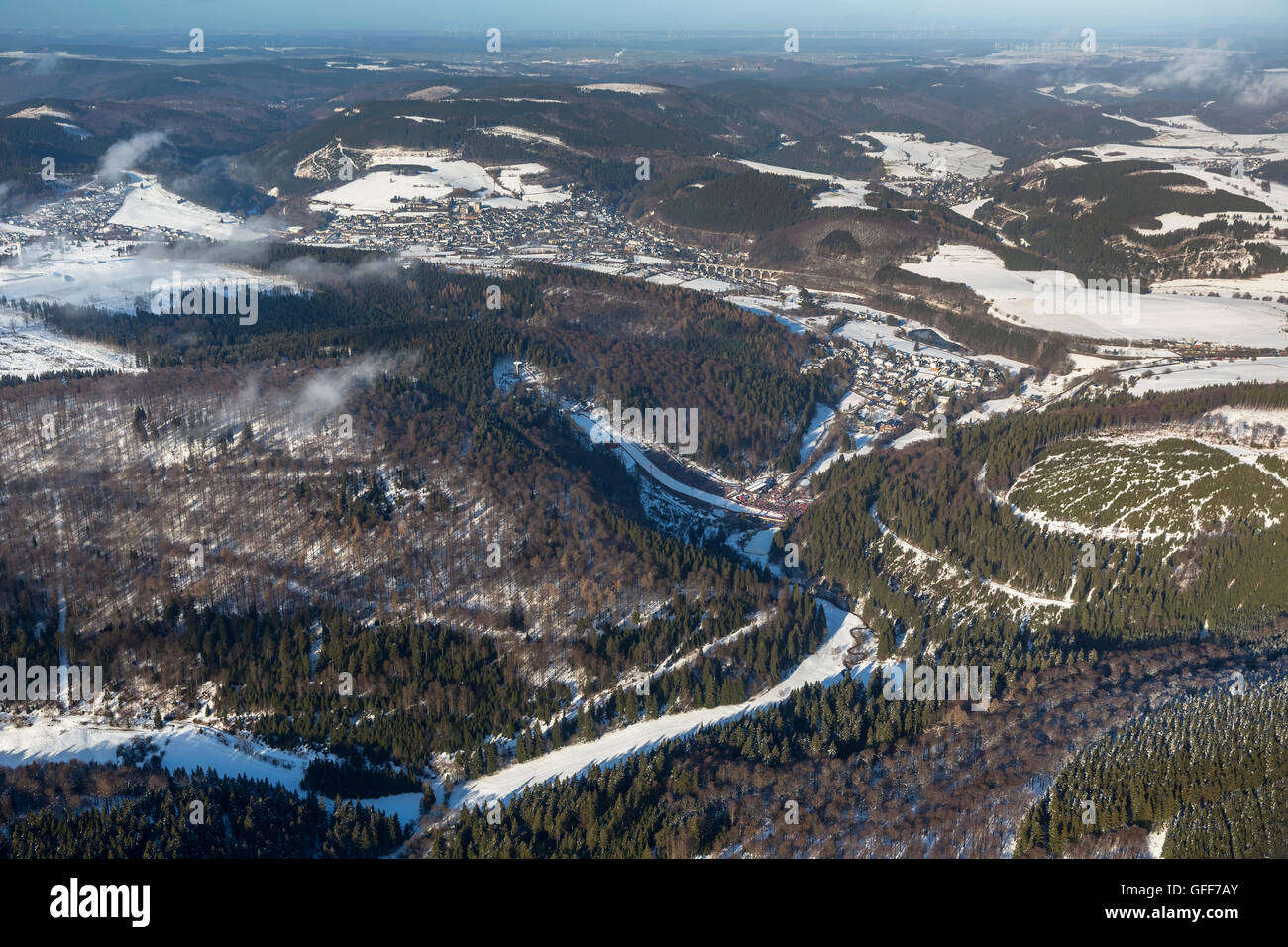 Vue aérienne de la Coupe du Monde de Ski, Willingen 2014 Mill Hill, saut à ski, Willingen (Upland), les spectateurs, Hochsauerland, Hesse, Allemagne, Banque D'Images