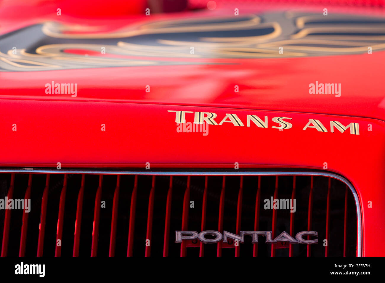 Détail d'une Pontiac Trans Am 6,6 litres, 400 po3, V8, voiture rouge Banque D'Images