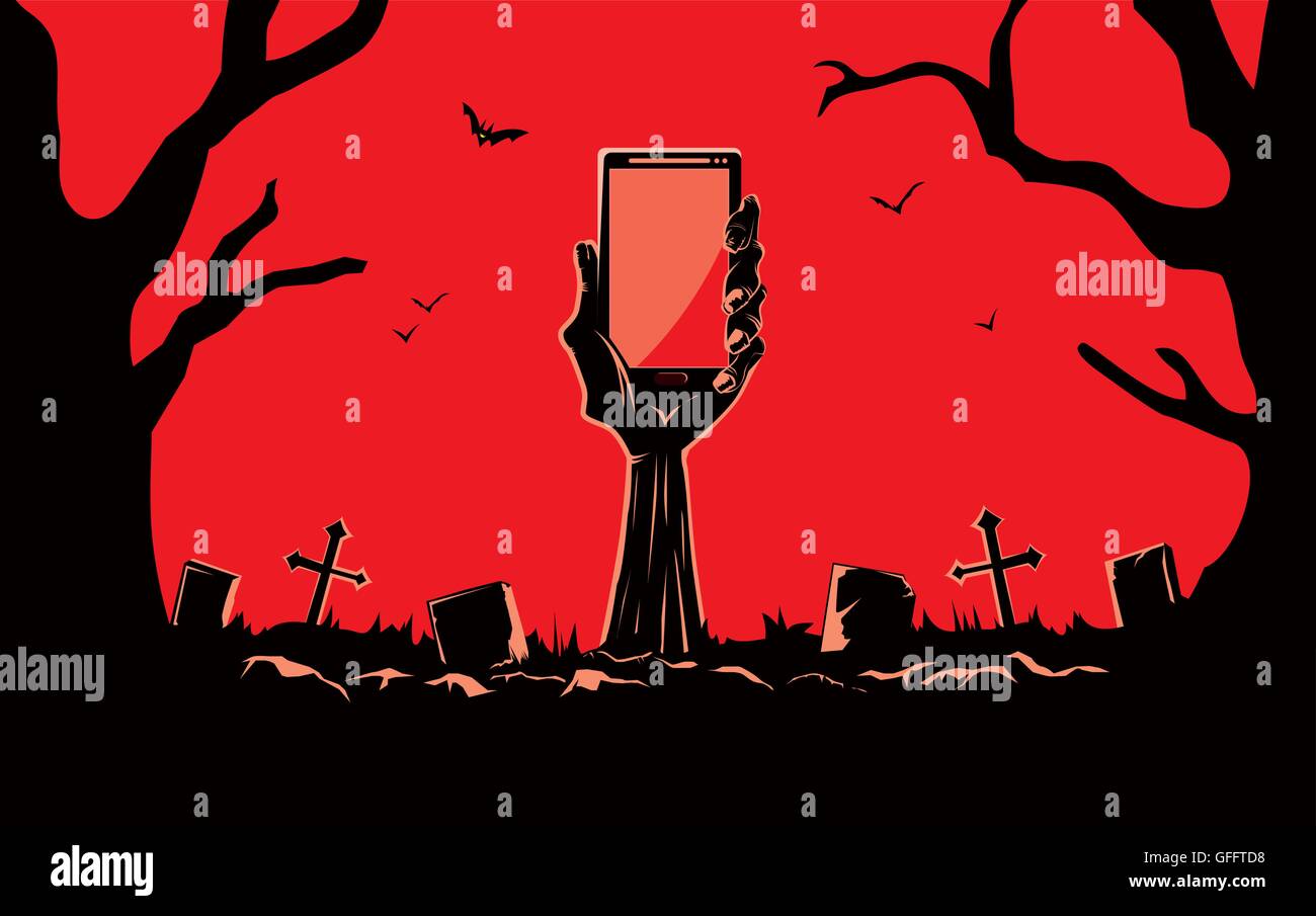 Zombie hand holding smartphone écran blanc jusqu'à partir de la grave Illustration de Vecteur