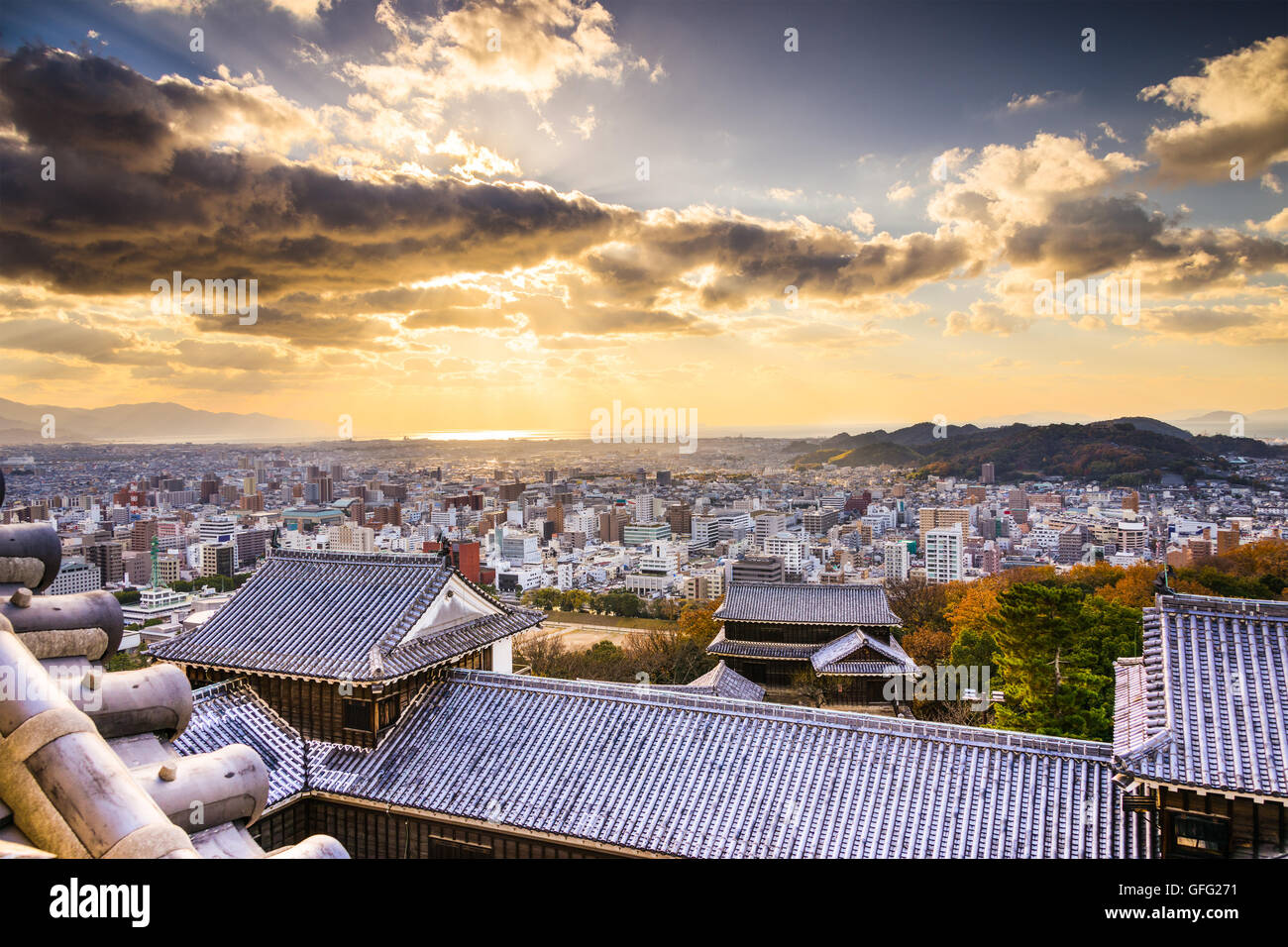 Matsuyama, Japon vue du château. Banque D'Images