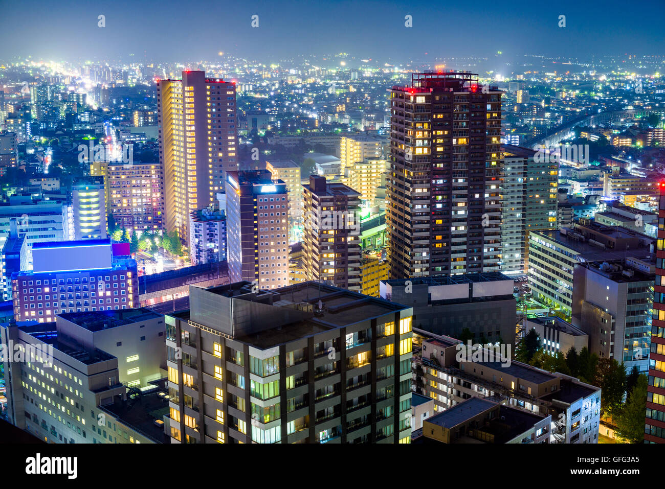 Le centre-ville de Sendai, Japon cityscape at night. Banque D'Images
