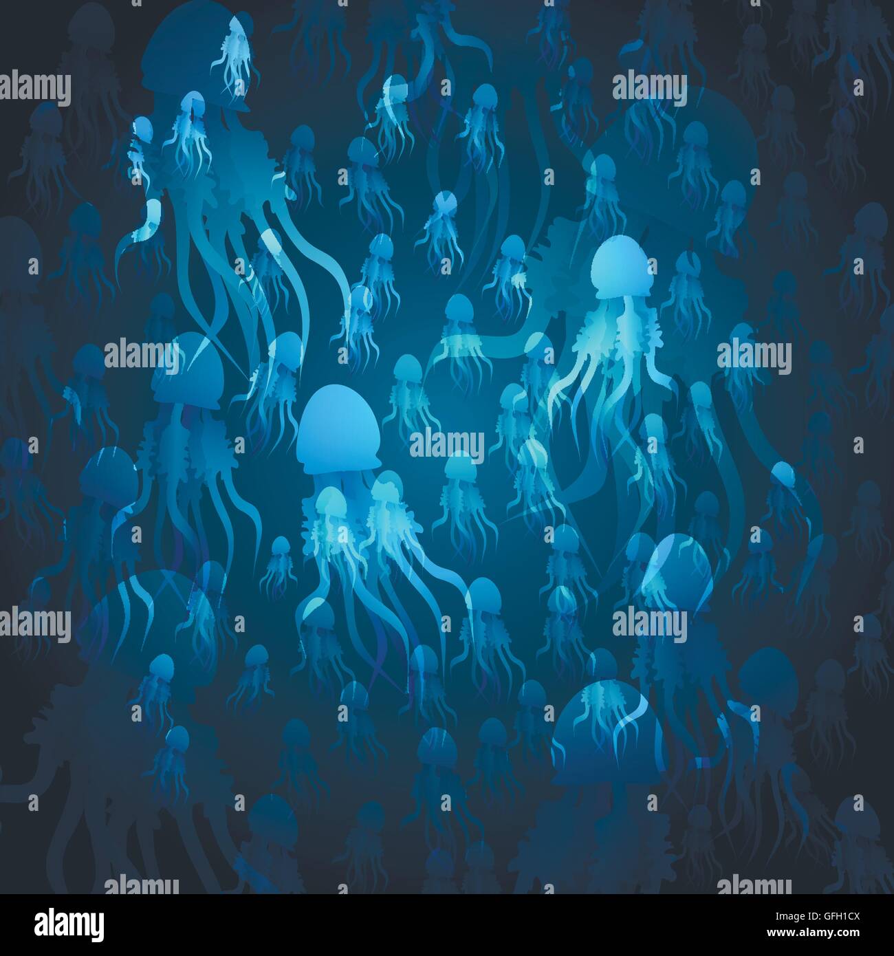 Grand troupeau de méduses nager dans l'océan. Illustration de Vecteur