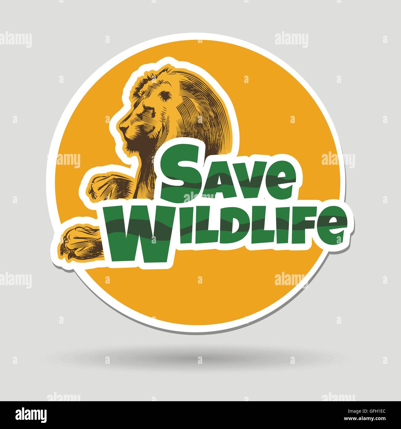 Sauver la faune ou d'un insigne et un autocollant avec un lion d'Afrique. Gratuitement police utilisée. Illustration de Vecteur