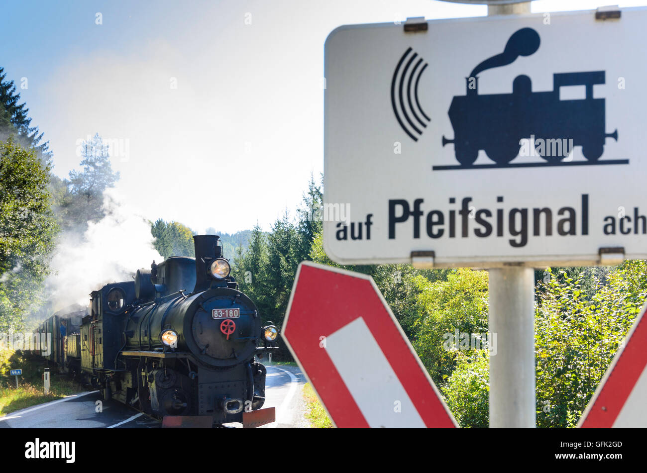 Koglhof : Feistritz Valley Railway au passage à niveau , locomotive à vapeur, narrow gauge, Autriche, Styrie, Carinthie, Steirisches T Banque D'Images