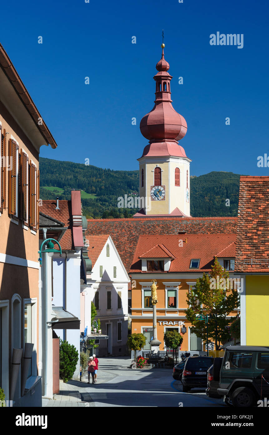 La colère : place principale avec la colonne mariale, de l'église, l'Autriche, Styrie, Carinthie, Steirisches - Thermenland Steiermark de est Banque D'Images