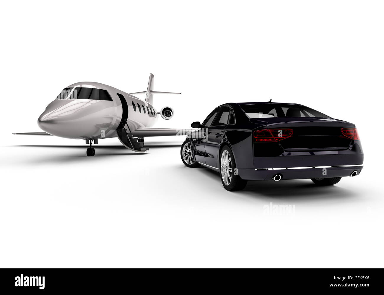 L'image de rendu 3D représentant un jet privé avec une limousine garée Banque D'Images