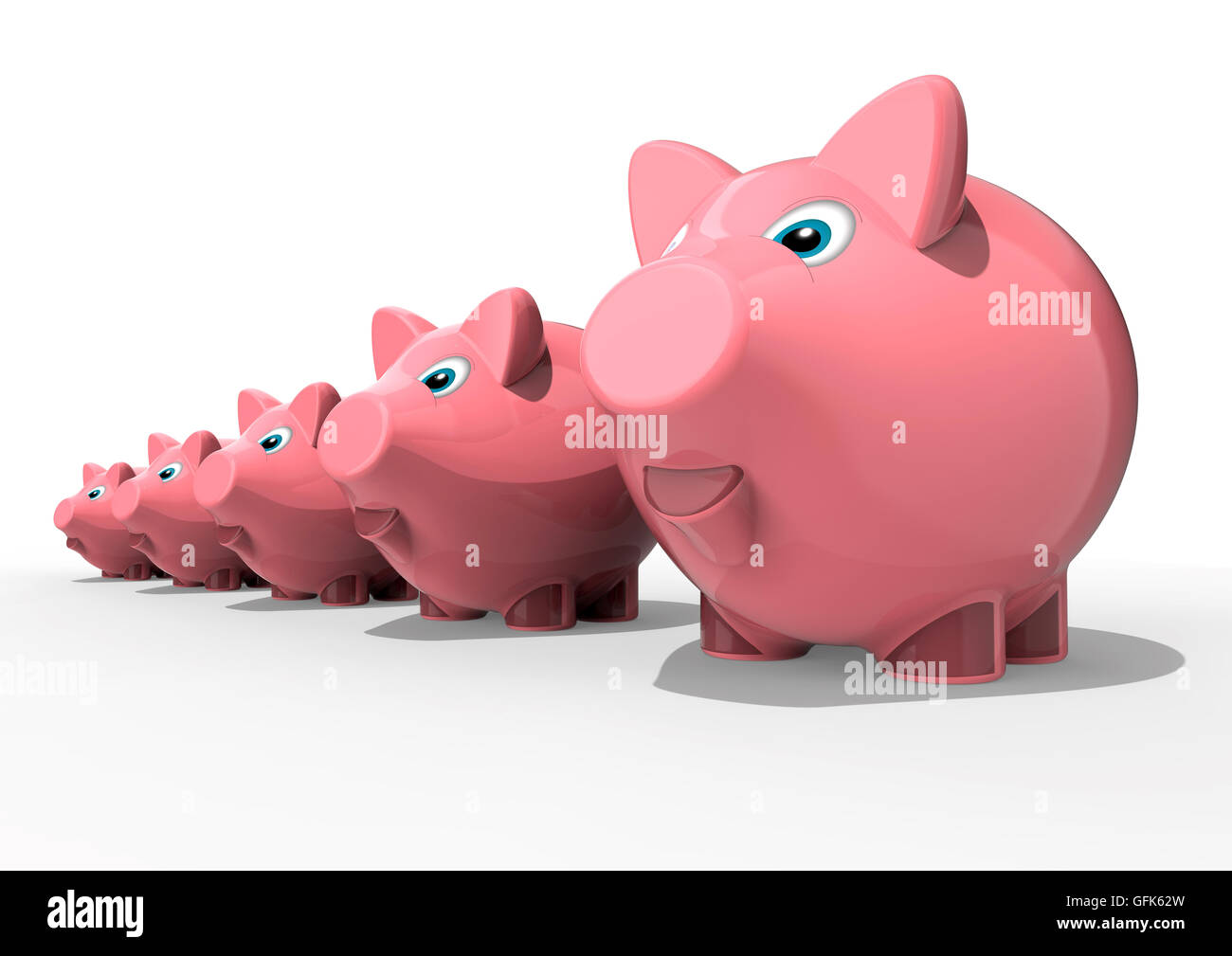 L'image de rendu 3D d'une rangée de tirelires représentant une croissance personnelle Banque D'Images L'image de rendu 3D d'une rangée de tirelires représentant une croissance personnelle Banque D'Images