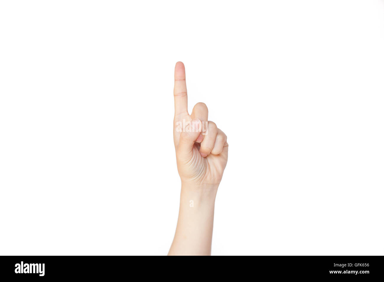 Geste : main japonais numéro un sur fond isolé blanc Banque D'Images
