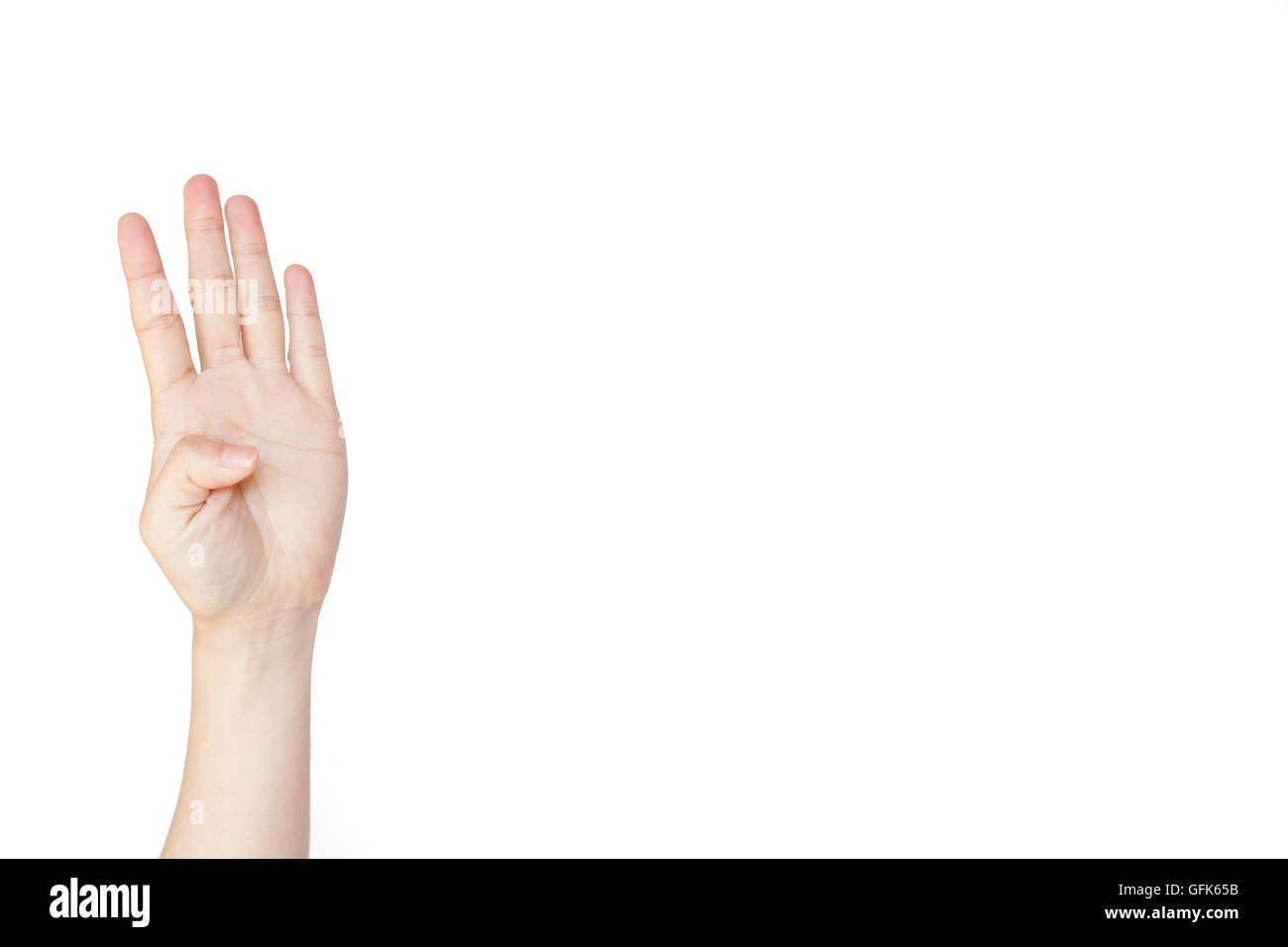 Geste : main japonais numéro quatre sur blanc fond isolé Banque D'Images