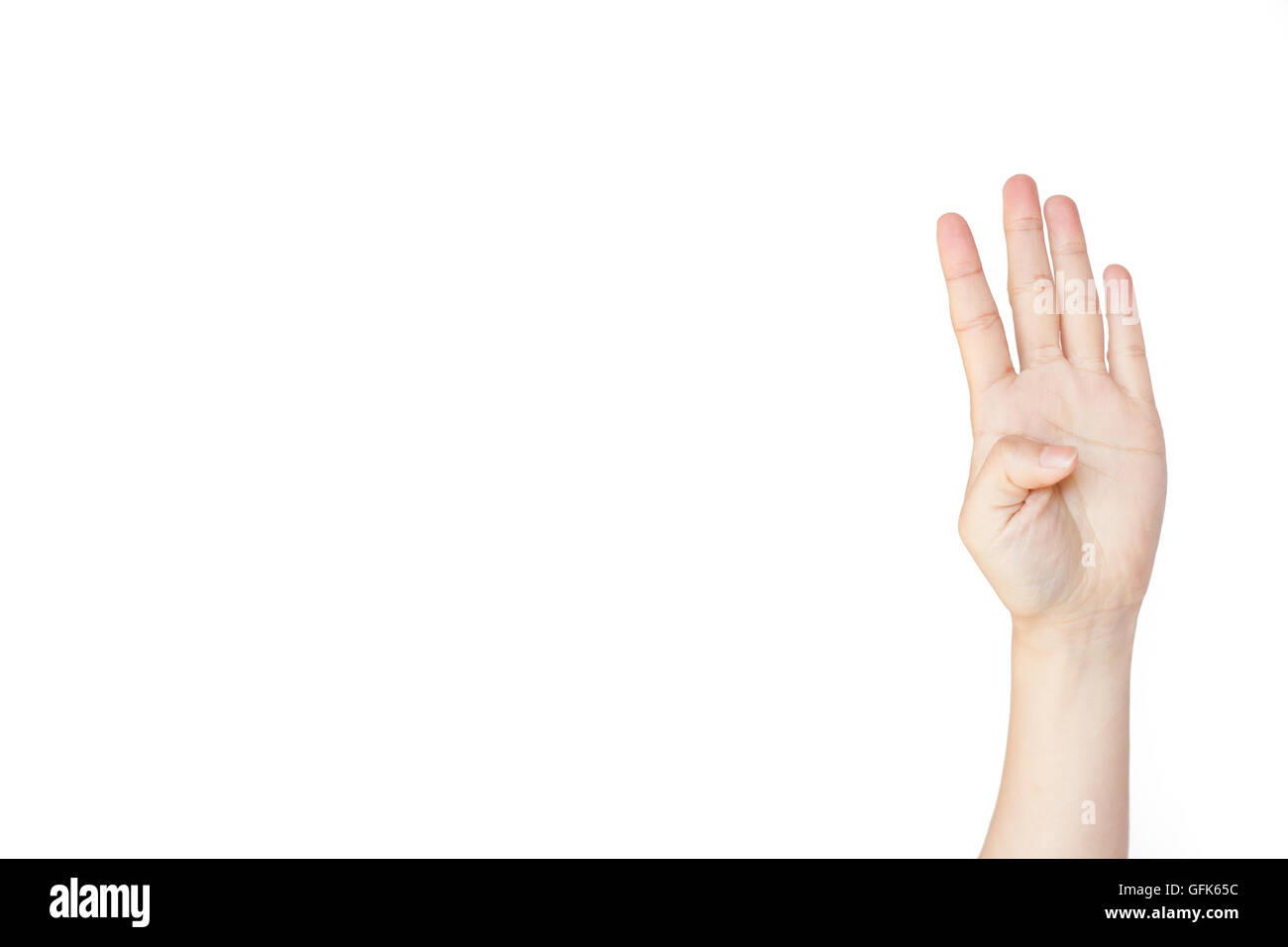 Geste : main japonais numéro quatre sur blanc fond isolé Banque D'Images