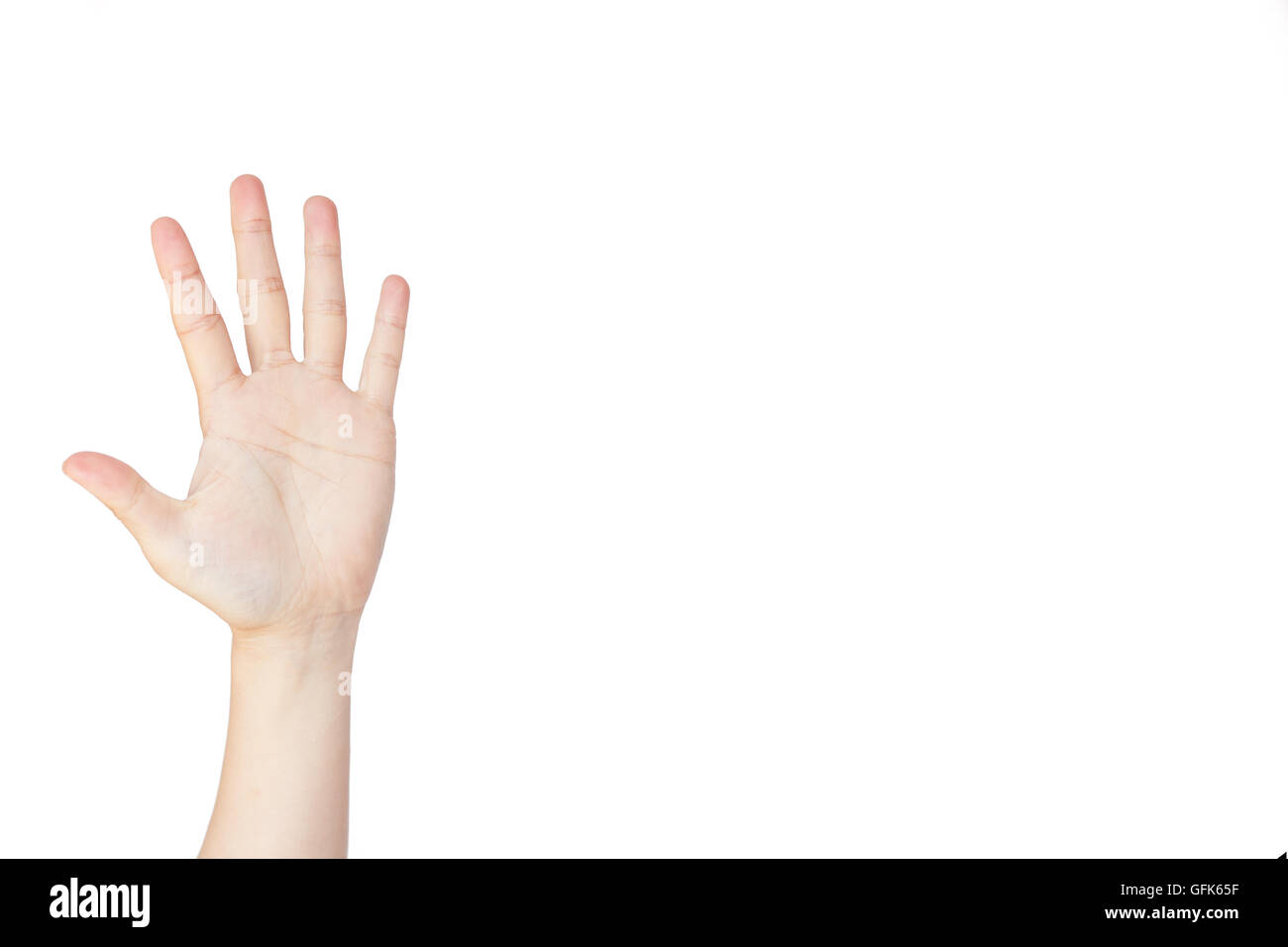 Geste : main japonais numéro cinq sur blanc fond isolé Banque D'Images