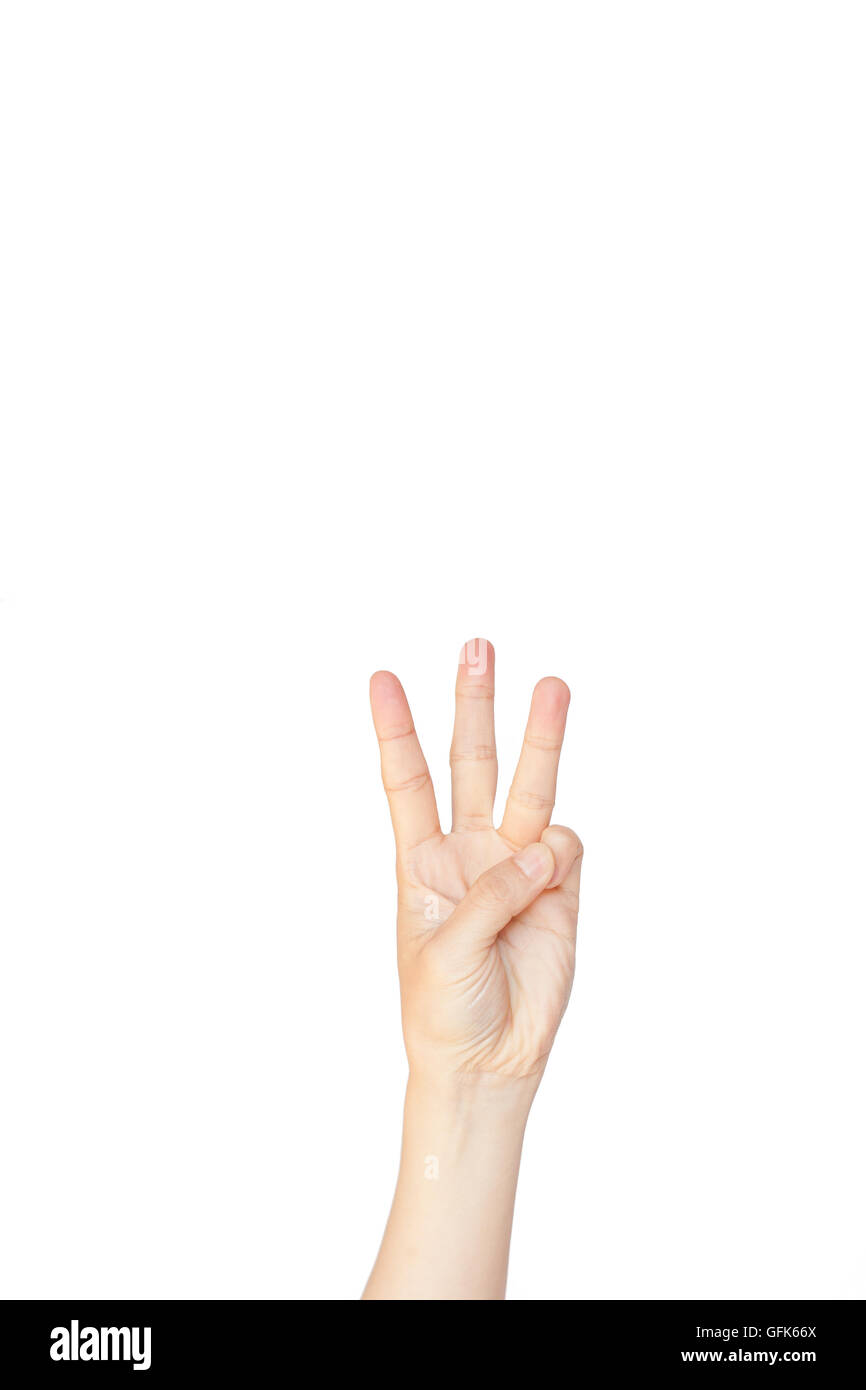 Geste : main japonais numéro trois sur blanc fond isolé Banque D'Images