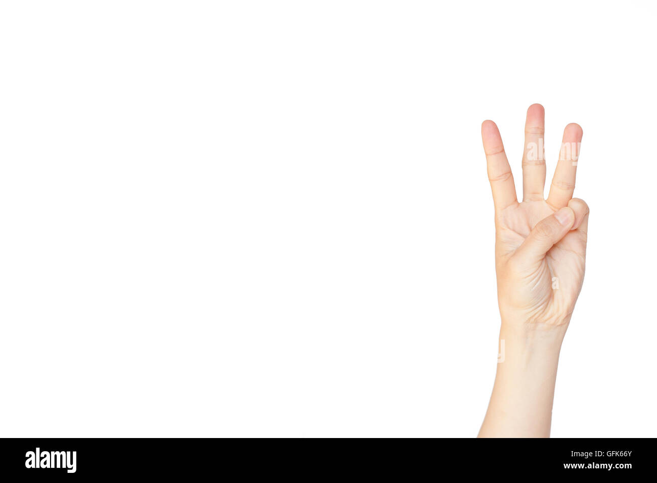 Geste : main japonais numéro trois sur blanc fond isolé Banque D'Images