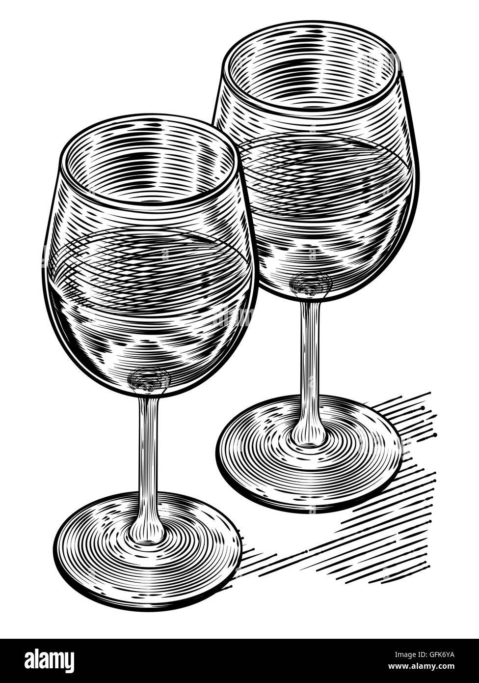 Illustration originale d'une paire de verres de vin dans un style sur bois vinatge Banque D'Images