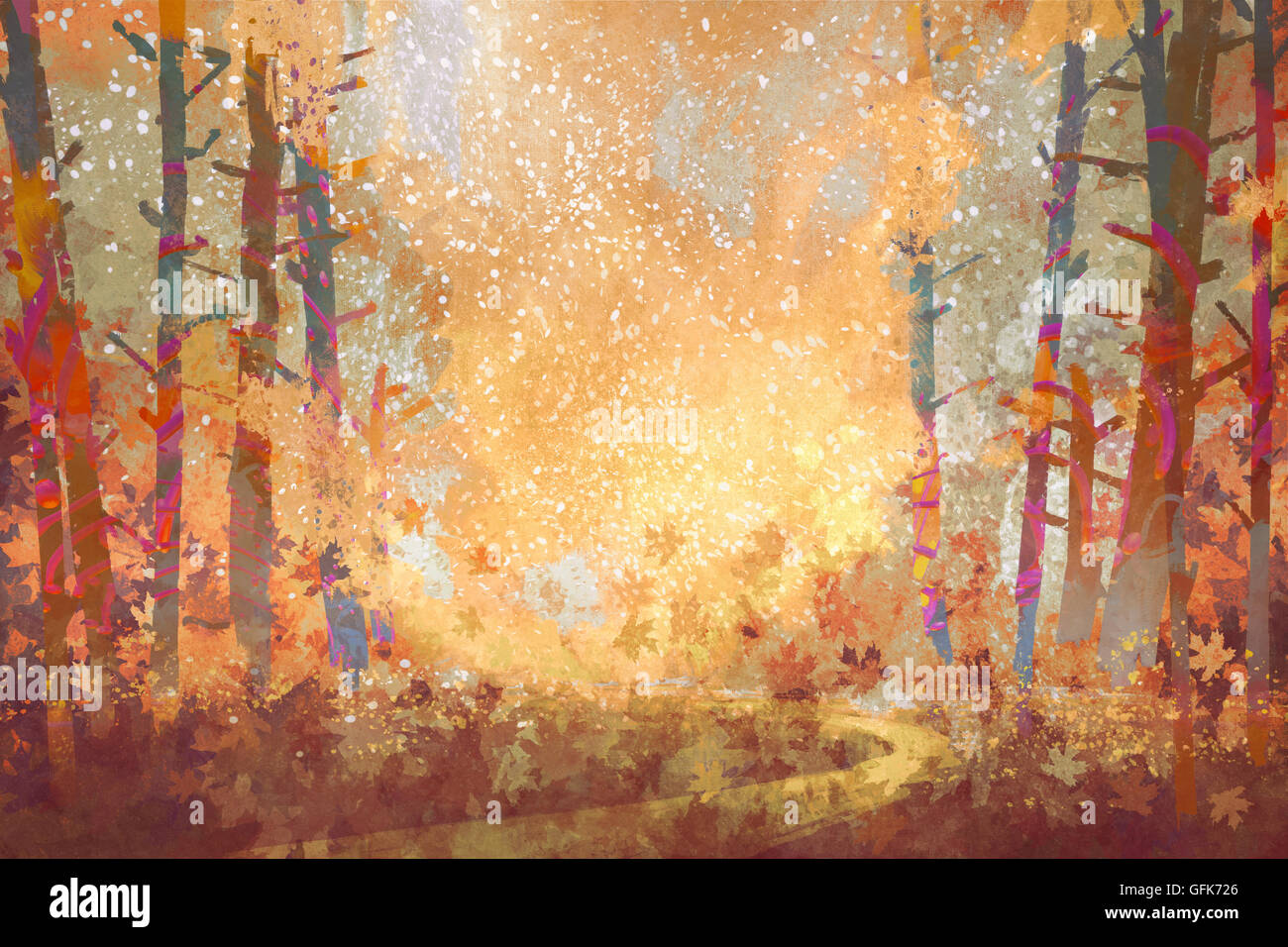 Sentier en forêt d'automne,Peinture,illustration Banque D'Images