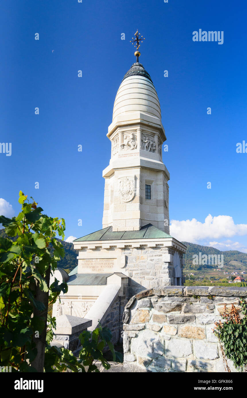 Dürnstein : Français monument à Oberloiben et vignes, l'Autriche, Niederösterreich, Autriche, Wachau Banque D'Images