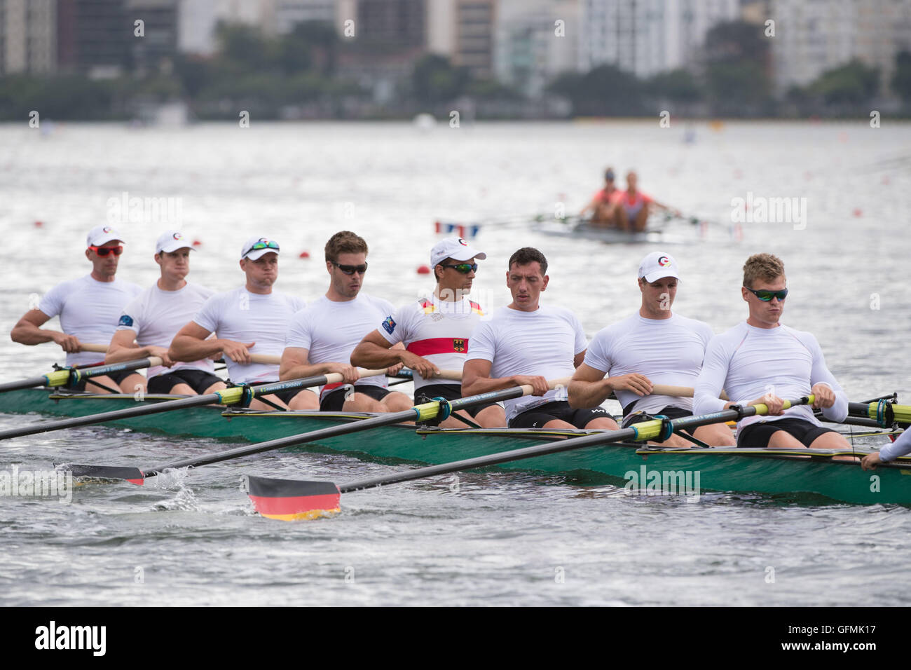 En août. 31 juillet, 2016. Les hommes de l'Allemagne de l'équipe d'aviron à huit en action pendant la formation de l'aviron à Lagoa Stadium à Rio de Janeiro, Brésil, le 31 juillet 2016. Les Jeux Olympiques de Rio 2016 se tiendra du 05 au 21 août. Photo : Sebastian Kahnert/dpa/Alamy Live News Banque D'Images