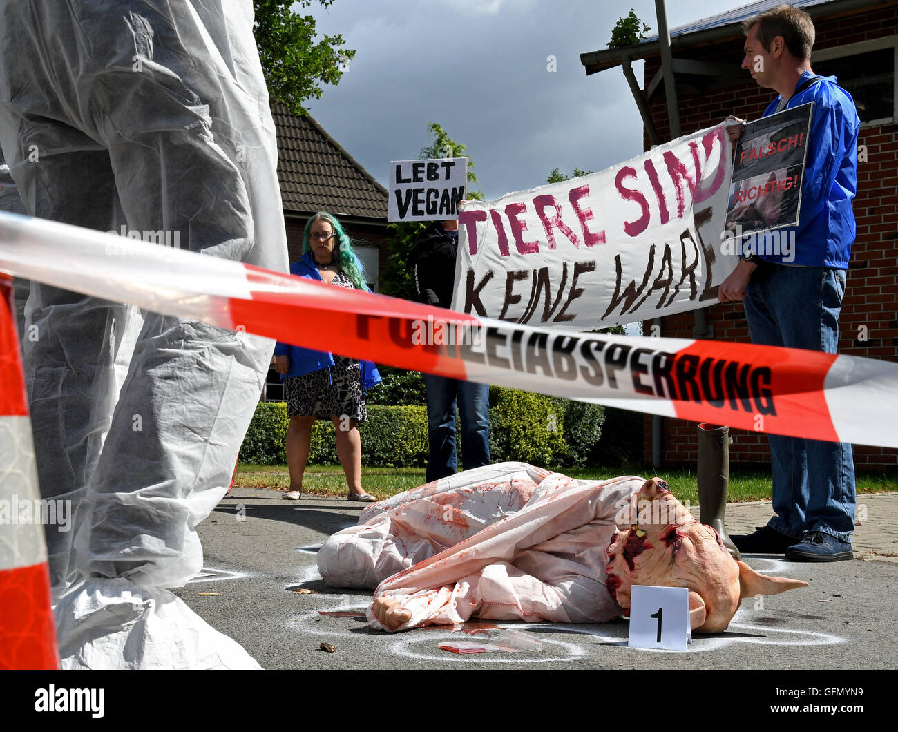 Heeslingen, Allemagne. 1er août 2016. Les défenseurs des droits des animaux de l'organisation 'Deutsches Tierschutzbuero' (lit. 'Office allemand de la protection des animaux") pour protester contre la manière de garder des animaux à l'engraissement des porcs à la ferme Heeslingen, Allemagne, 1 août 2016. Plus tôt, l'éleveur porcin a été condamné à une amende pour violation de la Loi sur la protection des animaux. PHOTO : INGO WAGNER/dpa/Alamy Live News Banque D'Images